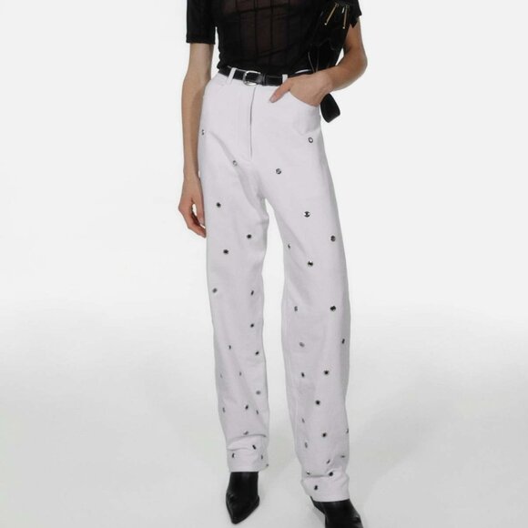 Chakshyn Designer Grommet Silver/White Straight Leg Pants 100% Cotton - Picture 1 of 8